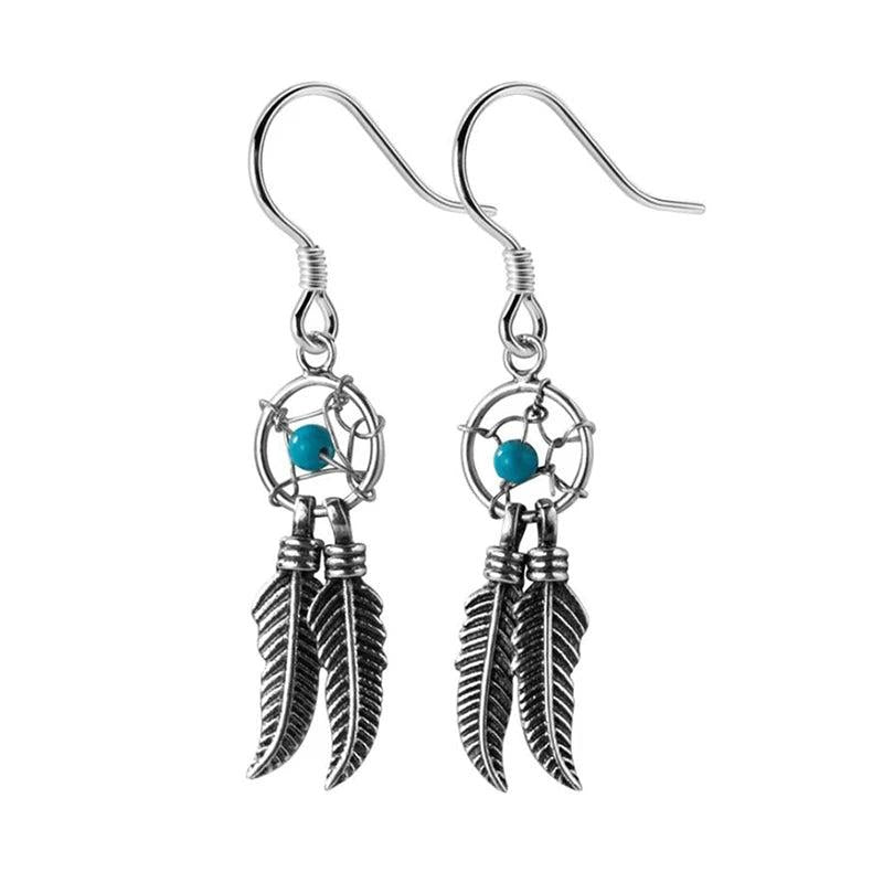 Vintage Dream Catcher Earring 925 Sterling Silver Bead Feather Tassel