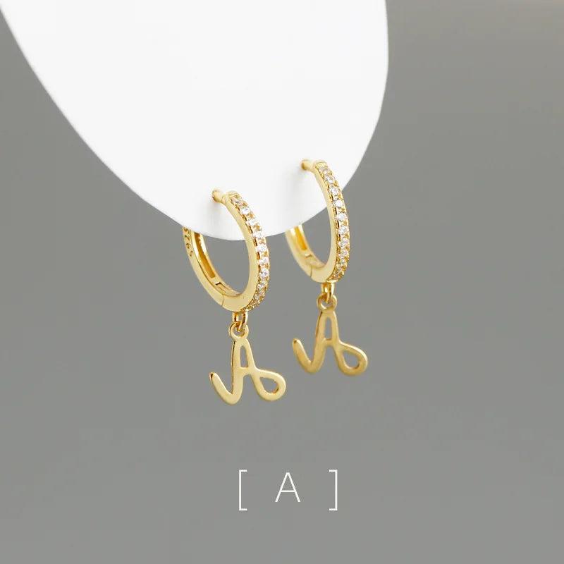 925 Silver Letter A-Z Zircon Stud Earrings Women Gothic Retro Jewelry