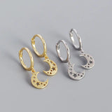 925 Silver Moon Stars Drop Earrings for Women French Hip Hop Jewelry