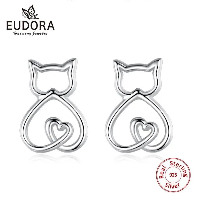 925 Silver Cat Ear Stud Earrings Hollow Out with Gift Box