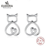 925 Silver Cat Ear Stud Earrings Hollow Out with Gift Box