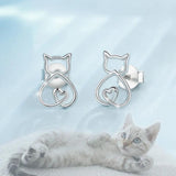925 Silver Cat Ear Stud Earrings Hollow Out with Gift Box