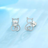 925 Silver Cat Ear Stud Earrings Hollow Out with Gift Box
