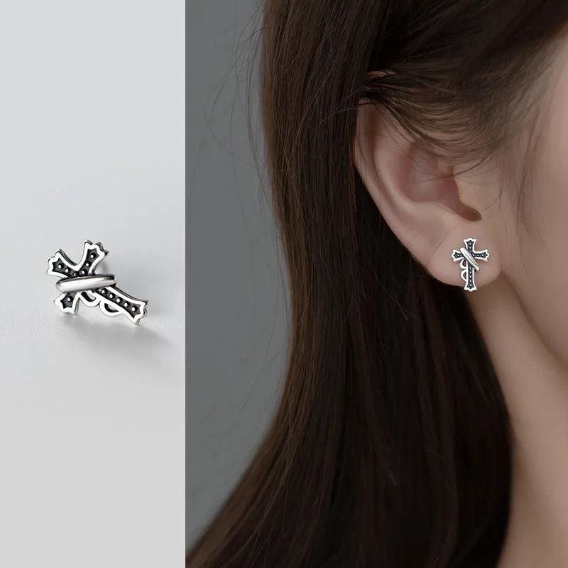 925 Silver Vintage Cross Stud Earrings Men Women Christmas