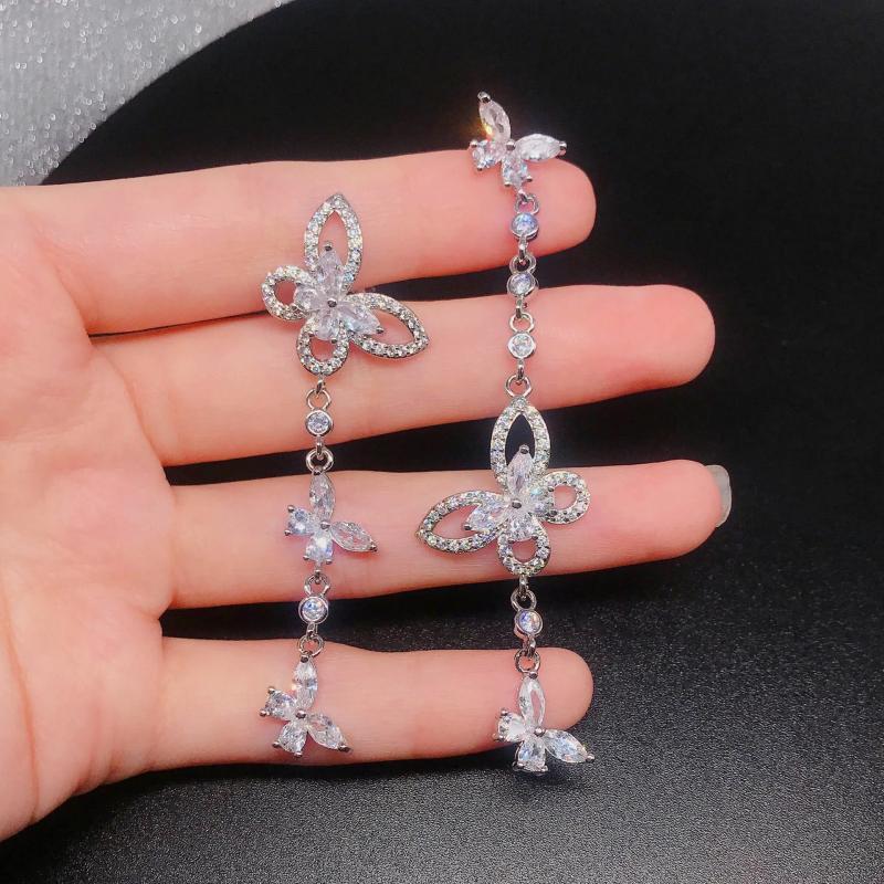 Noble Silver Butterfly Drop Zircon Tassel Dangle Earrings