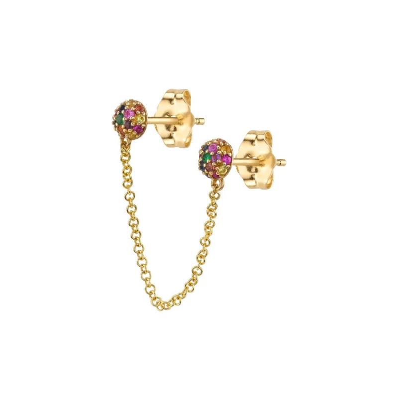 Rainbow CZ Double Piercing Earring with Tassel Chain 925 Sterling Silver