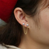Rainbow CZ Double Piercing Earring with Tassel Chain 925 Sterling Silver