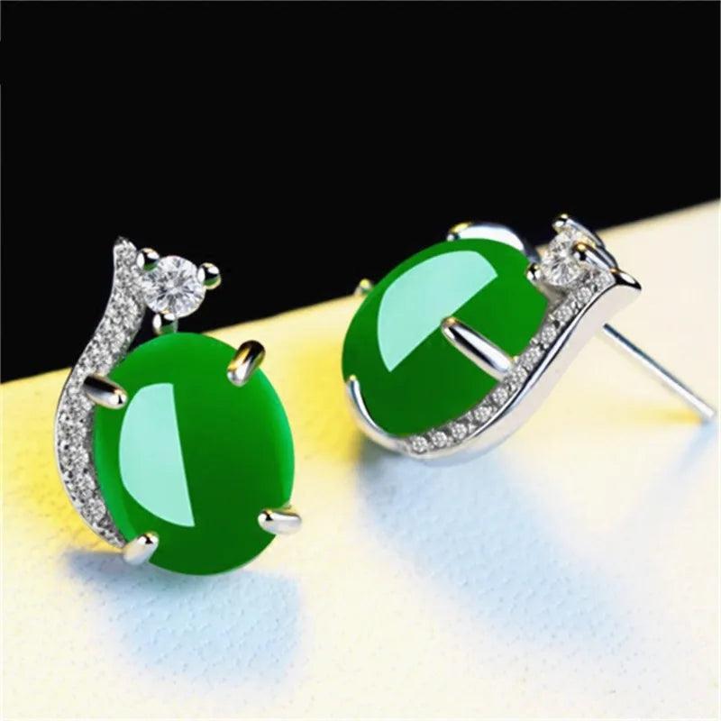 925 Sterling Silver Green Jade Stud Earrings Lady Round Emerald Gemstone