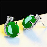 925 Sterling Silver Green Jade Stud Earrings Lady Round Emerald Gemstone