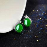 925 Sterling Silver Green Jade Stud Earrings Lady Round Emerald Gemstone