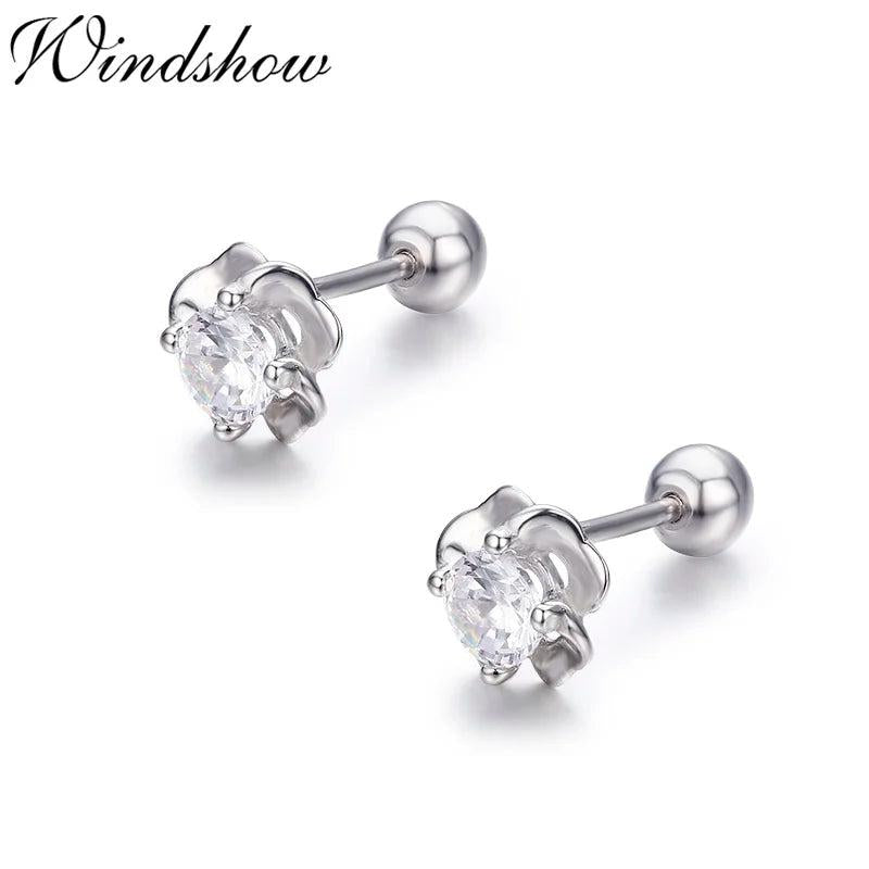 925 Silver Pink CZ Flower Stud Earrings for Women Girls Kids