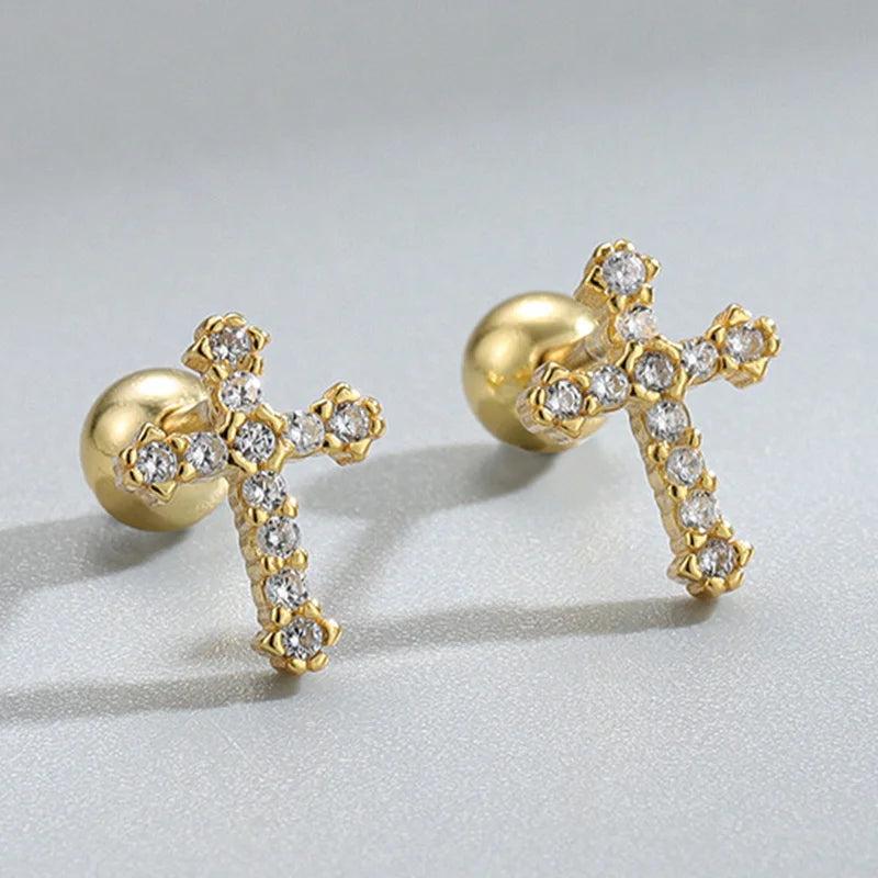 925 Silver CZ Cross Studs Earrings Geometric Crucifix Aretes Jewelry