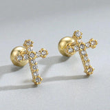 925 Silver CZ Cross Studs Earrings Geometric Crucifix Aretes Jewelry