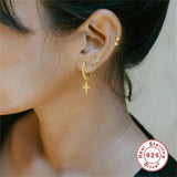Bohemian Cross Zircon Tassel Stud Earrings 925 Silver
