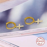 Bohemian Cross Zircon Tassel Stud Earrings 925 Silver