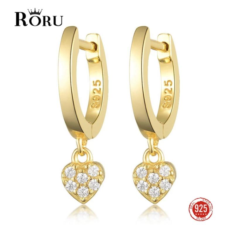 Zircon Hoop Earrings 925 Silver Heart Charm Drop Earrings for Women