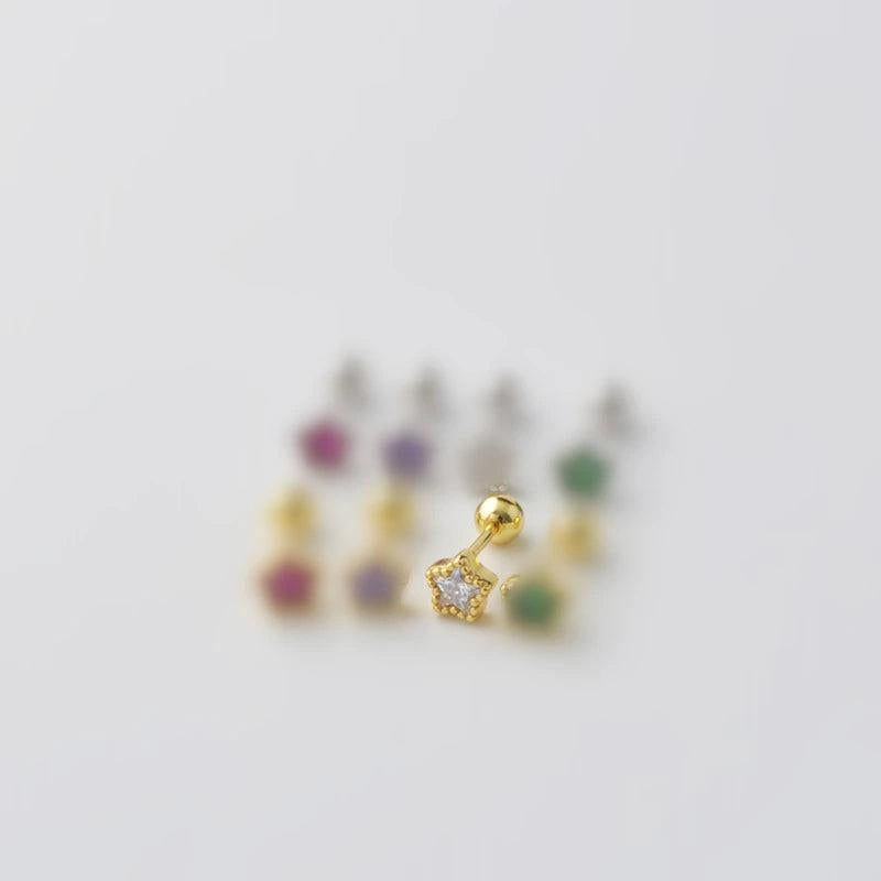 925 Silver Colored Zircon Star Smiley Screw Stud Earrings