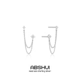 925 Silver Flower Stud Earrings with Zircons and Tassel Chain