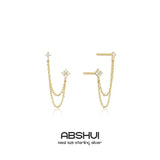 925 Silver Flower Stud Earrings with Zircons and Tassel Chain