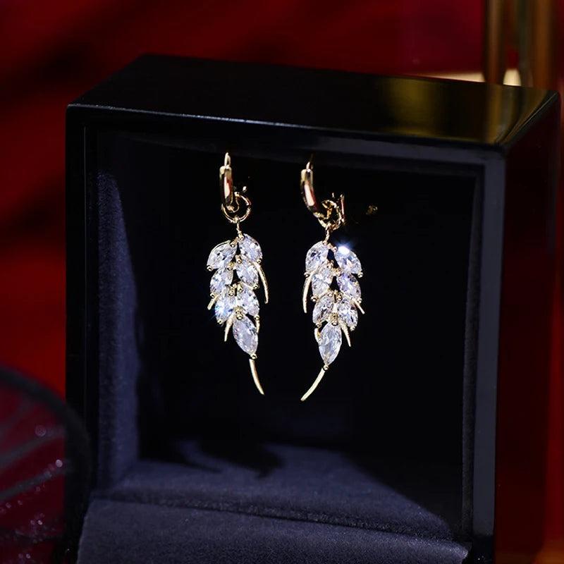14K Tiny Rhinestone Leaf Drop Earrings for Women