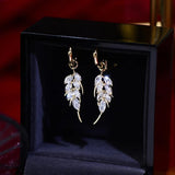 14K Tiny Rhinestone Leaf Drop Earrings for Women
