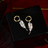 14K Tiny Rhinestone Leaf Drop Earrings for Women