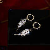 14K Tiny Rhinestone Leaf Drop Earrings for Women