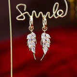 14K Tiny Rhinestone Leaf Drop Earrings for Women