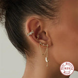 Sterling Silver Earcuff Geometric Tassel Chain Zircon Earring