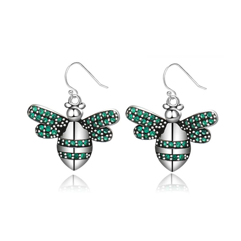 925 Silver Bee Drop Earrings with Green Zircon
