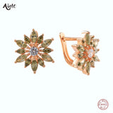 925 Silver Green Zircon Flower Stud Earrings U Shape Wrap Earrings