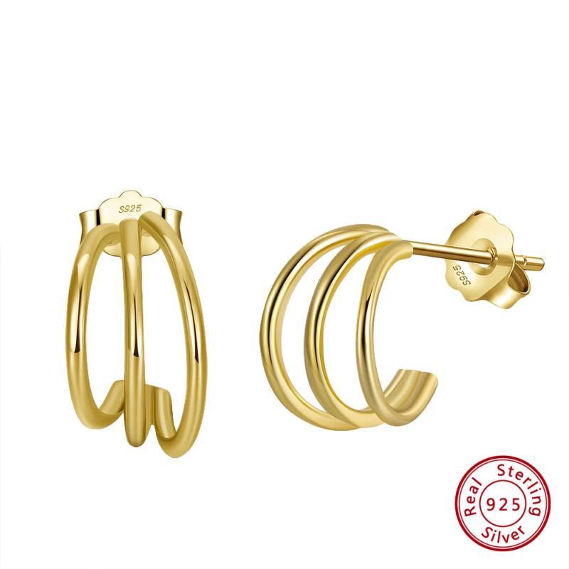 14K Plated Sterling Silver Triple Hoop Huggie Earrings APE46
