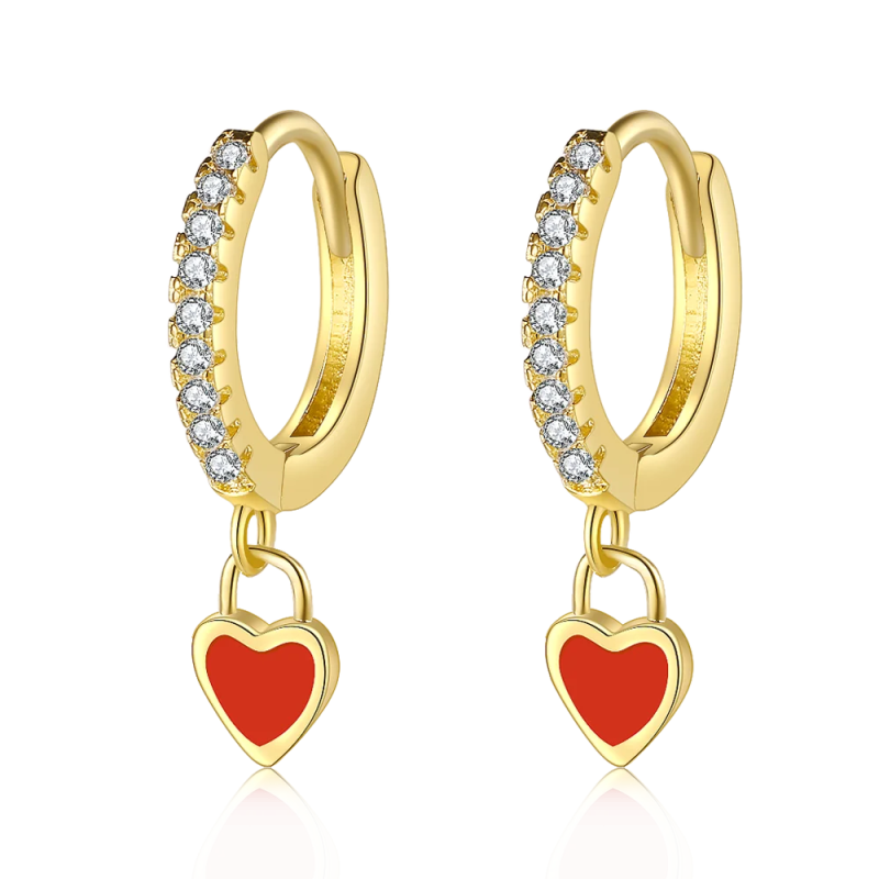 Sterling Silver Red Heart Hoop Earrings with Zircon Inlay
