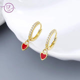 Sterling Silver Red Heart Hoop Earrings with Zircon Inlay