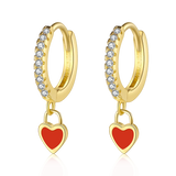 Sterling Silver Red Heart Hoop Earrings with Zircon Inlay