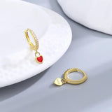 Sterling Silver Red Heart Hoop Earrings with Zircon Inlay
