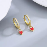 Sterling Silver Red Heart Hoop Earrings with Zircon Inlay