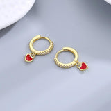 Sterling Silver Red Heart Hoop Earrings with Zircon Inlay