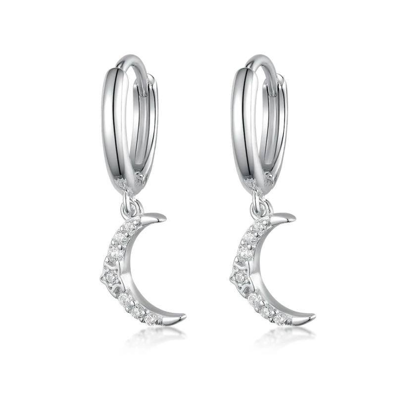 S925 Silver Cross Moon Zircon Hoop Earrings