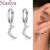 S925 Silver Cross Moon Zircon Hoop Earrings