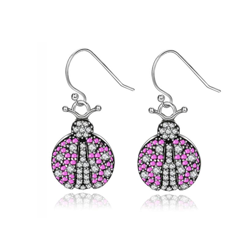 Sterling Silver Pink Beetle Drop Earrings with Zircon