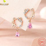 925 Silver Pink Zircon Peach Blossom Cat Stud Earrings Women