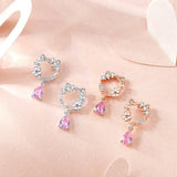 925 Silver Pink Zircon Peach Blossom Cat Stud Earrings Women
