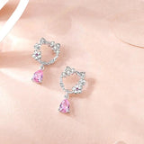 925 Silver Pink Zircon Peach Blossom Cat Stud Earrings Women