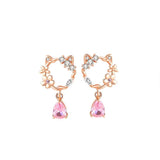 925 Silver Pink Zircon Peach Blossom Cat Stud Earrings Women