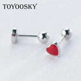 Red Heart Stud Earrings 925 Sterling Silver Ball Ear Jewelry