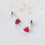 Red Heart Stud Earrings 925 Sterling Silver Ball Ear Jewelry