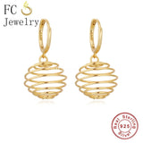 925 Silver 18k Plate Spiral Hollow Lantern Ball Spring Hoop Earrings