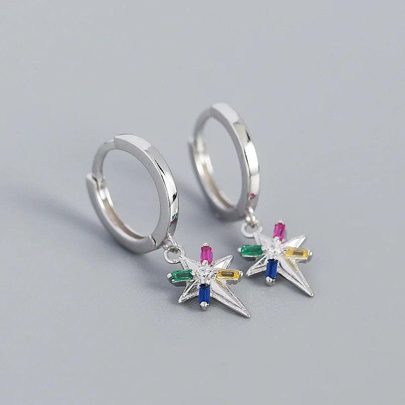 925 Silver Zircon Star Charms Hoop Earrings Dainty Jewelry