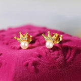 S925 Silver Freshwater Pearl Crown Stud Earring 14K Plated